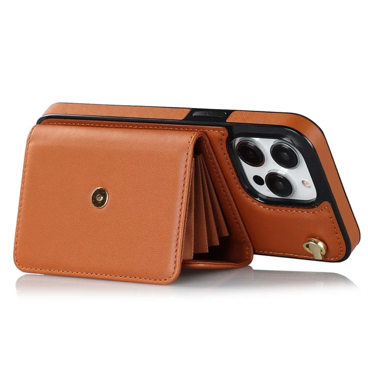 Per iPhone 12 / 12 Pro PU Leather+TPU Phone Case Card Slots RFID Blocking Kickstand Cover with Short +Long Straps - Marrone