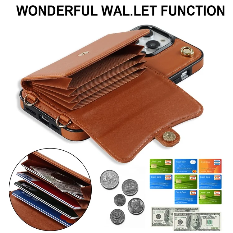 Per iPhone 12 / 12 Pro PU Leather+TPU Phone Case Card Slots RFID Blocking Kickstand Cover with Short +Long Straps - Marrone