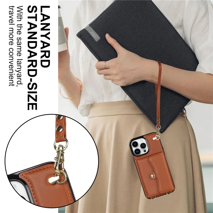 Per iPhone 12 / 12 Pro PU Leather+TPU Phone Case Card Slots RFID Blocking Kickstand Cover with Short +Long Straps - Marrone