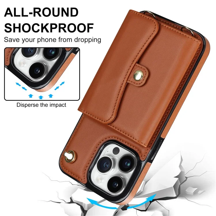 Per iPhone 12 / 12 Pro PU Leather+TPU Phone Case Card Slots RFID Blocking Kickstand Cover with Short +Long Straps - Marrone