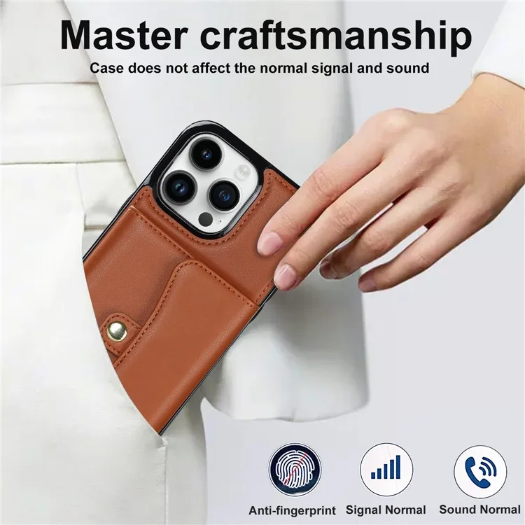 Per iPhone 12 / 12 Pro PU Leather+TPU Phone Case Card Slots RFID Blocking Kickstand Cover with Short +Long Straps - Marrone