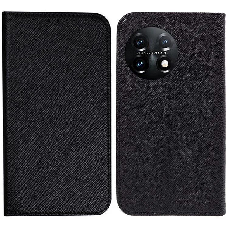 Étui de protection pour portefeuille Stand pour OnePlus 11 5G, étui de téléphone antichoc en cuir PU à texture croisée - Noir