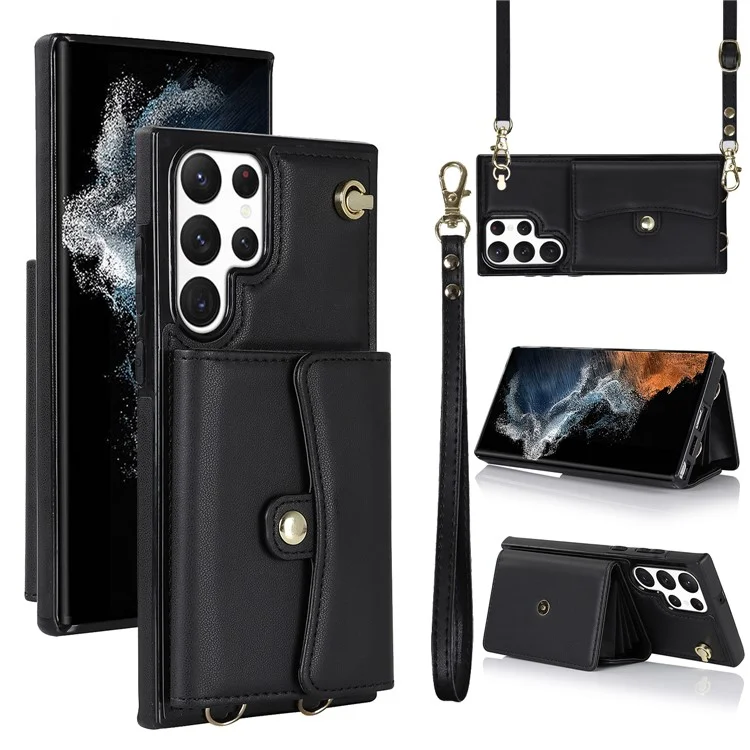 Para Samsung Galaxy S22 Ultra 5G PU Leather+TPU Phone Case Card Slots RFID Blocking Kickstand Cover with Short+Long Straps - Black