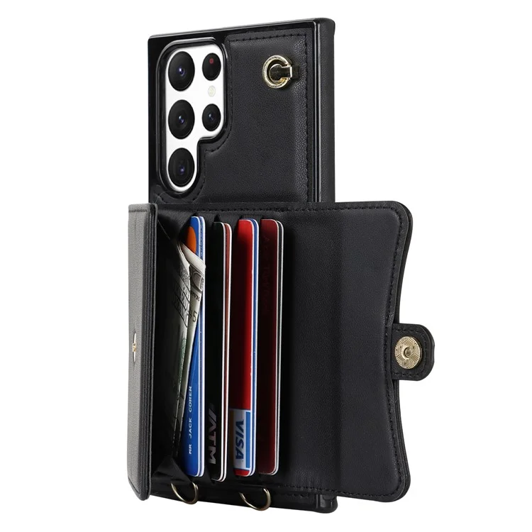 Para Samsung Galaxy S22 Ultra 5G PU Leather+TPU Phone Case Card Slots RFID Blocking Kickstand Cover with Short+Long Straps - Black