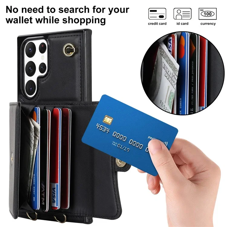 Para Samsung Galaxy S22 Ultra 5G PU Leather+TPU Phone Case Card Slots RFID Blocking Kickstand Cover with Short+Long Straps - Black