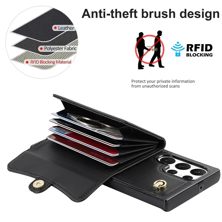 Para Samsung Galaxy S22 Ultra 5G PU Leather+TPU Phone Case Card Slots RFID Blocking Kickstand Cover with Short+Long Straps - Black