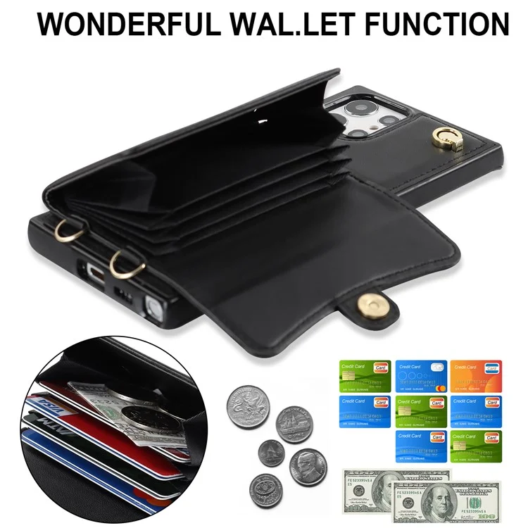 Para Samsung Galaxy S22 Ultra 5G PU Leather+TPU Phone Case Card Slots RFID Blocking Kickstand Cover with Short+Long Straps - Black