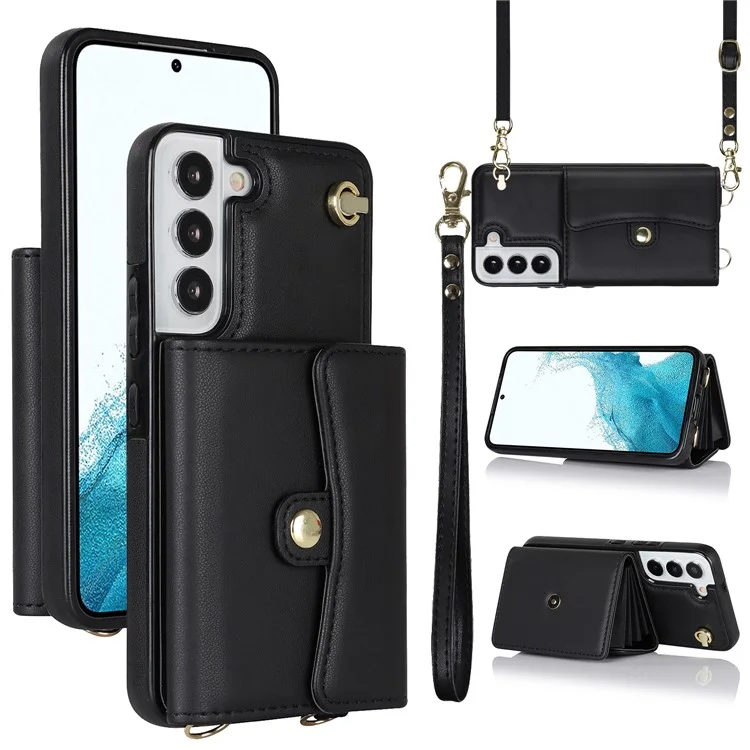 Pour Samsung Galaxy S22 5G Card Slots Phone Shell PU Leather+TPU Phone Case Kickstand Cover with Short+Long Straps - Black