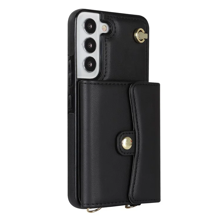 Pour Samsung Galaxy S22 5G Card Slots Phone Shell PU Leather+TPU Phone Case Kickstand Cover with Short+Long Straps - Black