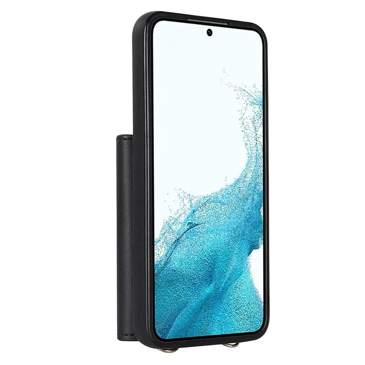 Pour Samsung Galaxy S22 5G Card Slots Phone Shell PU Leather+TPU Phone Case Kickstand Cover with Short+Long Straps - Black