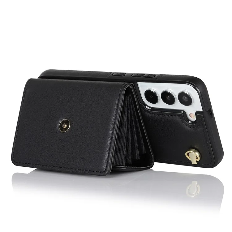 Pour Samsung Galaxy S22 5G Card Slots Phone Shell PU Leather+TPU Phone Case Kickstand Cover with Short+Long Straps - Black