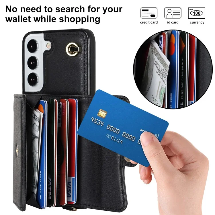 Pour Samsung Galaxy S22 5G Card Slots Phone Shell PU Leather+TPU Phone Case Kickstand Cover with Short+Long Straps - Black