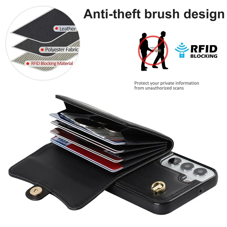 Pour Samsung Galaxy S22 5G Card Slots Phone Shell PU Leather+TPU Phone Case Kickstand Cover with Short+Long Straps - Black