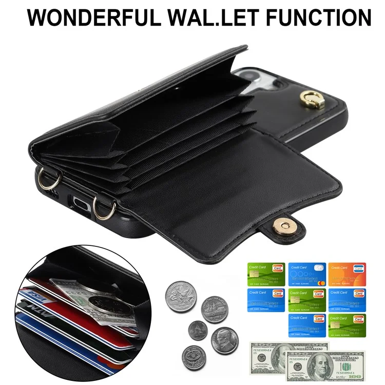 Pour Samsung Galaxy S22 5G Card Slots Phone Shell PU Leather+TPU Phone Case Kickstand Cover with Short+Long Straps - Black