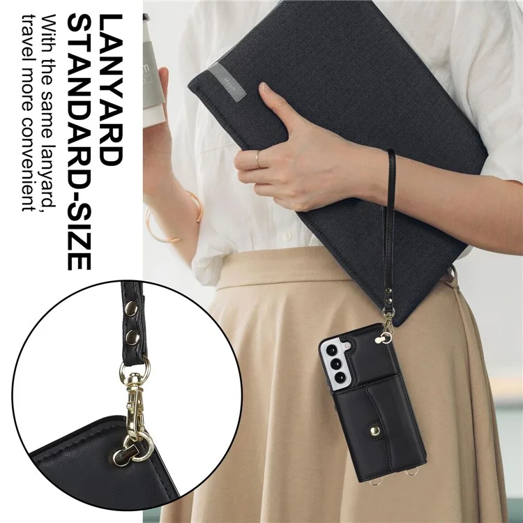 Pour Samsung Galaxy S22 5G Card Slots Phone Shell PU Leather+TPU Phone Case Kickstand Cover with Short+Long Straps - Black