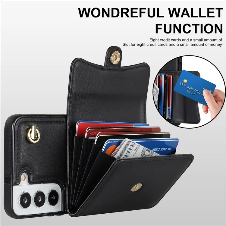 Pour Samsung Galaxy S22 5G Card Slots Phone Shell PU Leather+TPU Phone Case Kickstand Cover with Short+Long Straps - Black