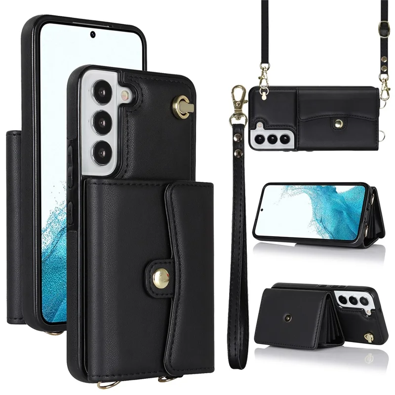 Для Samsung Galaxy S22+ 5G Kickstand Cell Phone Case Card Slots PU Leather+TPU Shell Cover with Short+Long Straps - Black