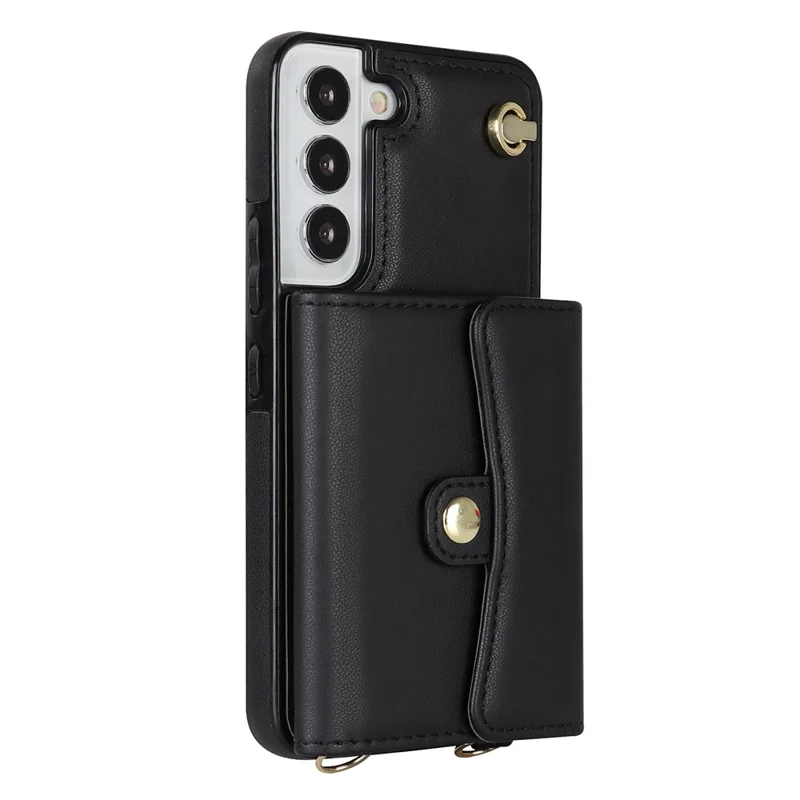 Для Samsung Galaxy S22+ 5G Kickstand Cell Phone Case Card Slots PU Leather+TPU Shell Cover with Short+Long Straps - Black