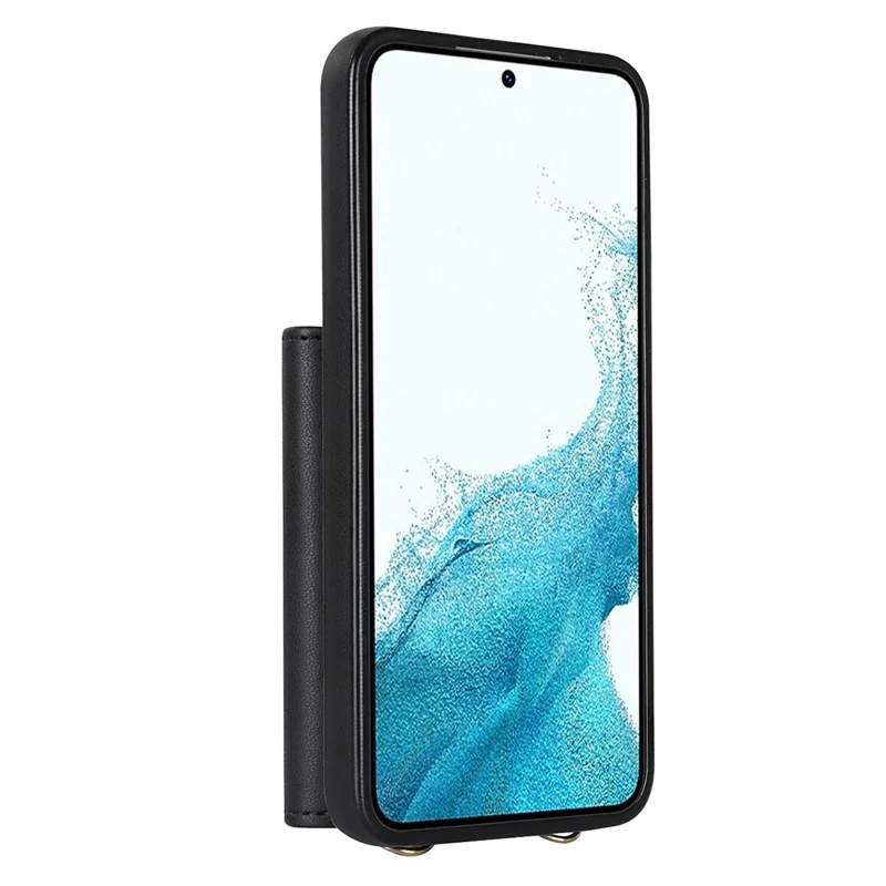 Для Samsung Galaxy S22+ 5G Kickstand Cell Phone Case Card Slots PU Leather+TPU Shell Cover with Short+Long Straps - Black