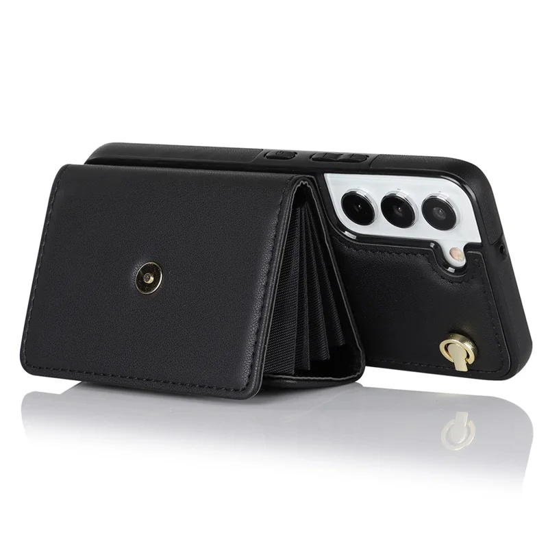 Для Samsung Galaxy S22+ 5G Kickstand Cell Phone Case Card Slots PU Leather+TPU Shell Cover with Short+Long Straps - Black