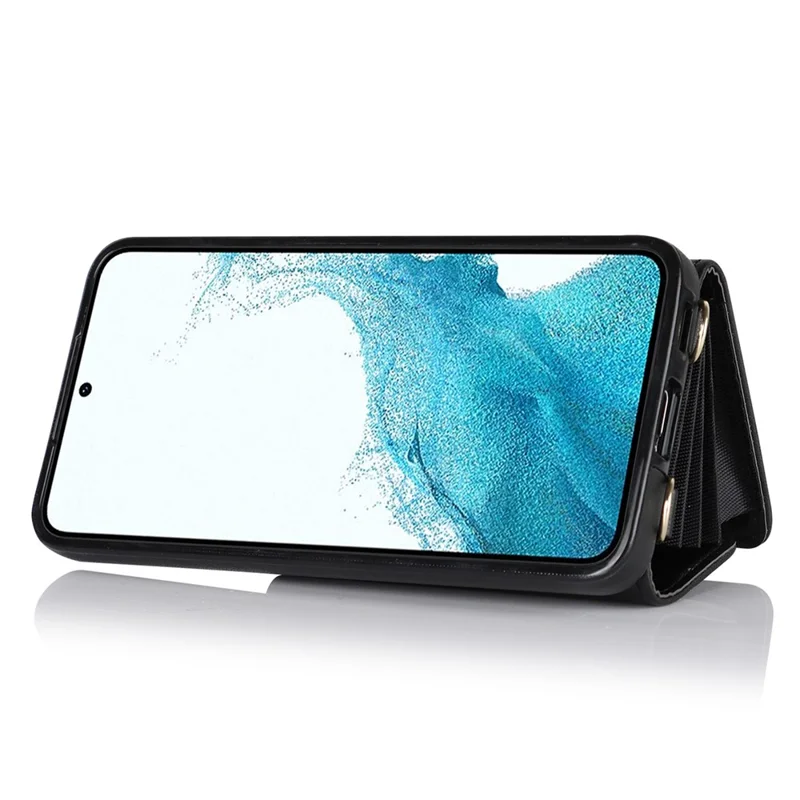 Для Samsung Galaxy S22+ 5G Kickstand Cell Phone Case Card Slots PU Leather+TPU Shell Cover with Short+Long Straps - Black