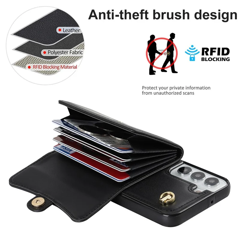 Для Samsung Galaxy S22+ 5G Kickstand Cell Phone Case Card Slots PU Leather+TPU Shell Cover with Short+Long Straps - Black
