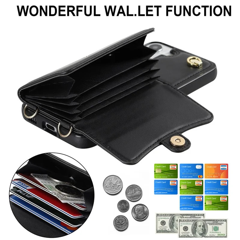 Для Samsung Galaxy S22+ 5G Kickstand Cell Phone Case Card Slots PU Leather+TPU Shell Cover with Short+Long Straps - Black