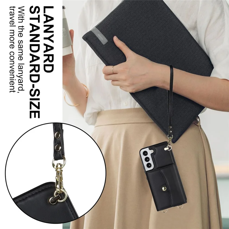 Для Samsung Galaxy S22+ 5G Kickstand Cell Phone Case Card Slots PU Leather+TPU Shell Cover with Short+Long Straps - Black