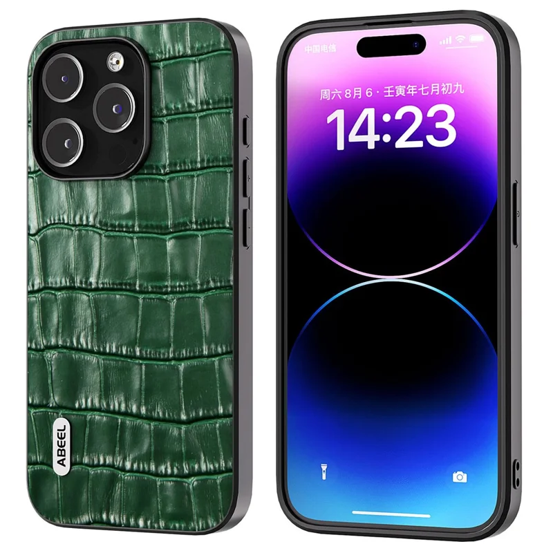 ABEEL For iPhone 15 Pro Crocodile Texture Phone Cover Cowhide Leather Coated PC+TPU Protective Shell - Green