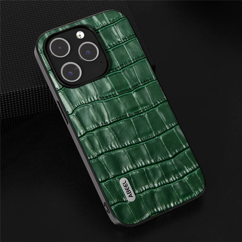 ABEEL For iPhone 15 Pro Crocodile Texture Phone Cover Cowhide Leather Coated PC+TPU Protective Shell - Green