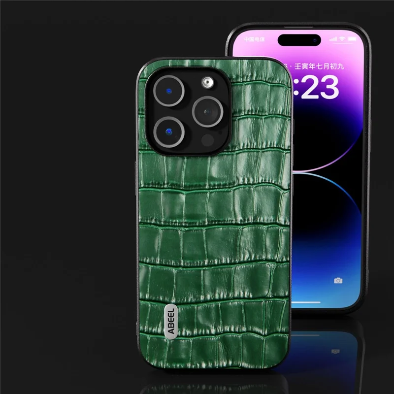 ABEEL For iPhone 15 Pro Crocodile Texture Phone Cover Cowhide Leather Coated PC+TPU Protective Shell - Green