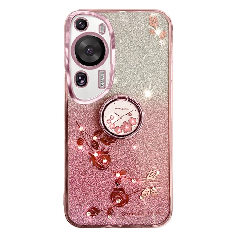 KADEM Para Huawei P60 Funda de TPU con Flores de Diamantes Artificiales Estilizada con Brillo y Soporte con Anillo - Oro Rosa 