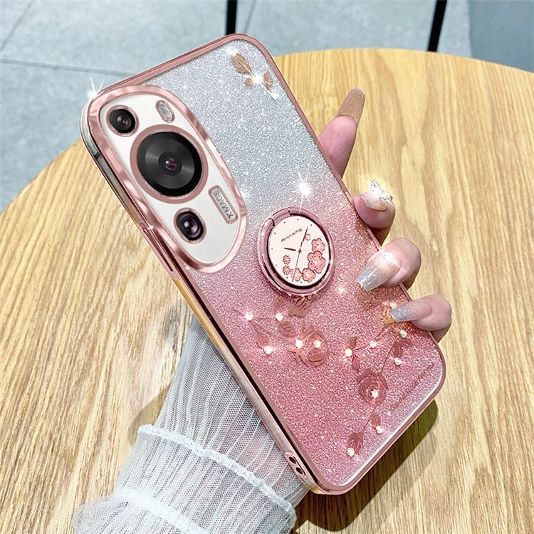 KADEM Para Huawei P60 Funda de TPU con Flores de Diamantes Artificiales Estilizada con Brillo y Soporte con Anillo - Oro Rosa 