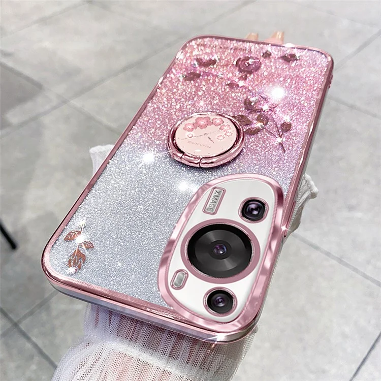 KADEM Para Huawei P60 Funda de TPU con Flores de Diamantes Artificiales Estilizada con Brillo y Soporte con Anillo - Oro Rosa 