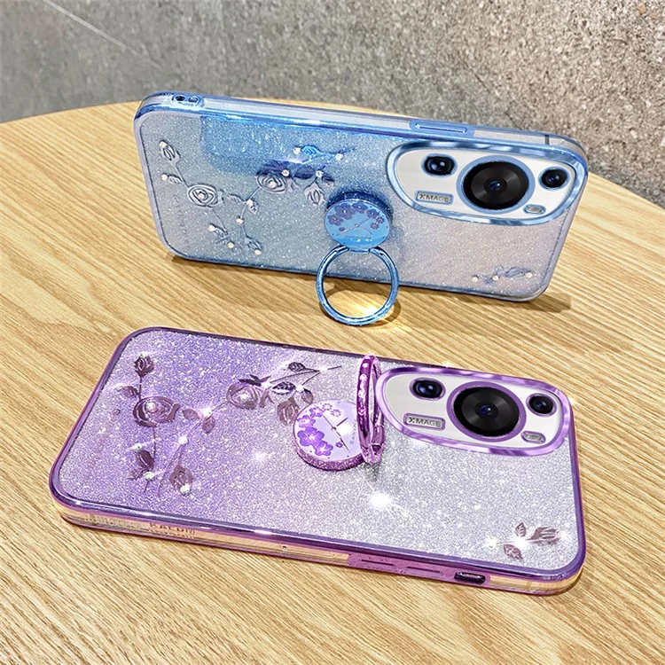 KADEM Para Huawei P60 Funda de TPU con Flores de Diamantes Artificiales Estilizada con Brillo y Soporte con Anillo - Oro Rosa 