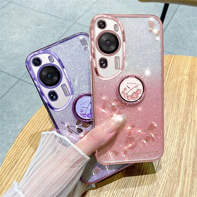 KADEM Para Huawei P60 Funda de TPU con Flores de Diamantes Artificiales Estilizada con Brillo y Soporte con Anillo - Oro Rosa 