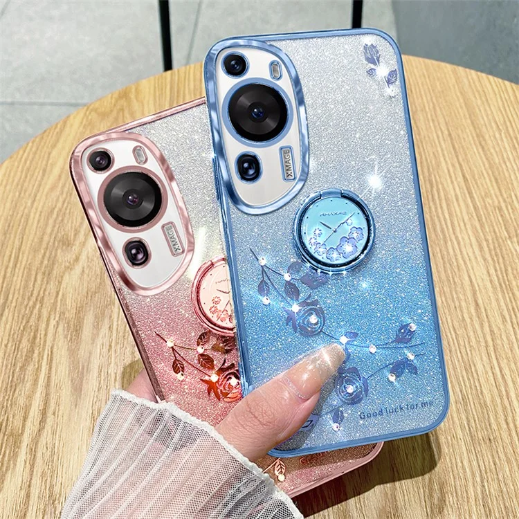 KADEM Para Huawei P60 Funda de TPU con Flores de Diamantes Artificiales Estilizada con Brillo y Soporte con Anillo - Oro Rosa 