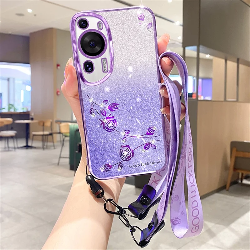 KADEM para Huawei P60 Art Glitter Flower Phone Case Gradient TPU Anti-scratch Cover with Strap - Púrpura