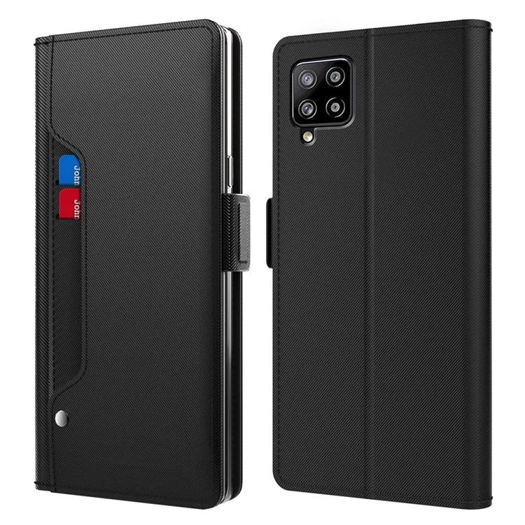 For Samsung Galaxy A12 Mirror Design PU Leather + TPU Stand Case Card Holder Mobile Phone Cover - Black