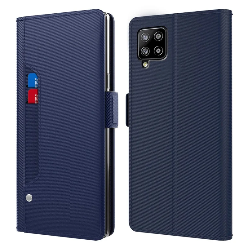 For Samsung Galaxy A12 Mirror Design PU Leather + TPU Stand Case Card Holder Mobile Phone Cover - Blue