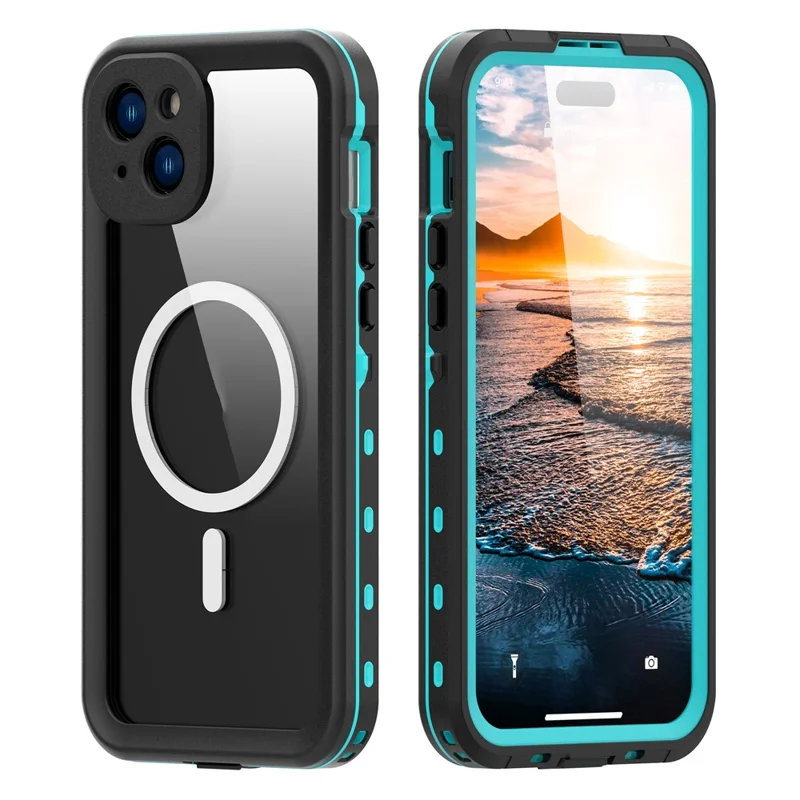 SHELLBOX Dot+ Series Magnetic Phone Case for iPhone 15 Plus IP68 Waterproof PC+TPU Clear Cover Compatible with MagSafe - Blue