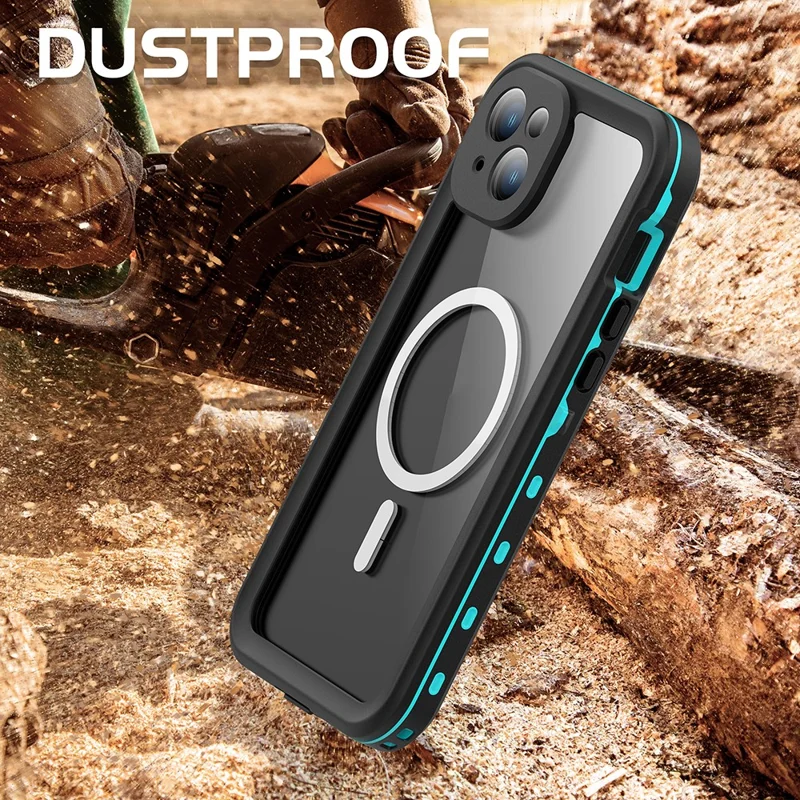 SHELLBOX Dot+ Series Magnetic Phone Case for iPhone 15 Plus IP68 Waterproof PC+TPU Clear Cover Compatible with MagSafe - Blue