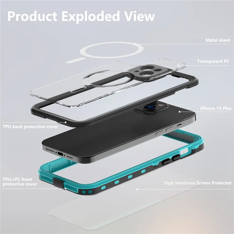 SHELLBOX Dot+ Series Magnetic Phone Case for iPhone 15 Plus IP68 Waterproof PC+TPU Clear Cover Compatible with MagSafe - Blue
