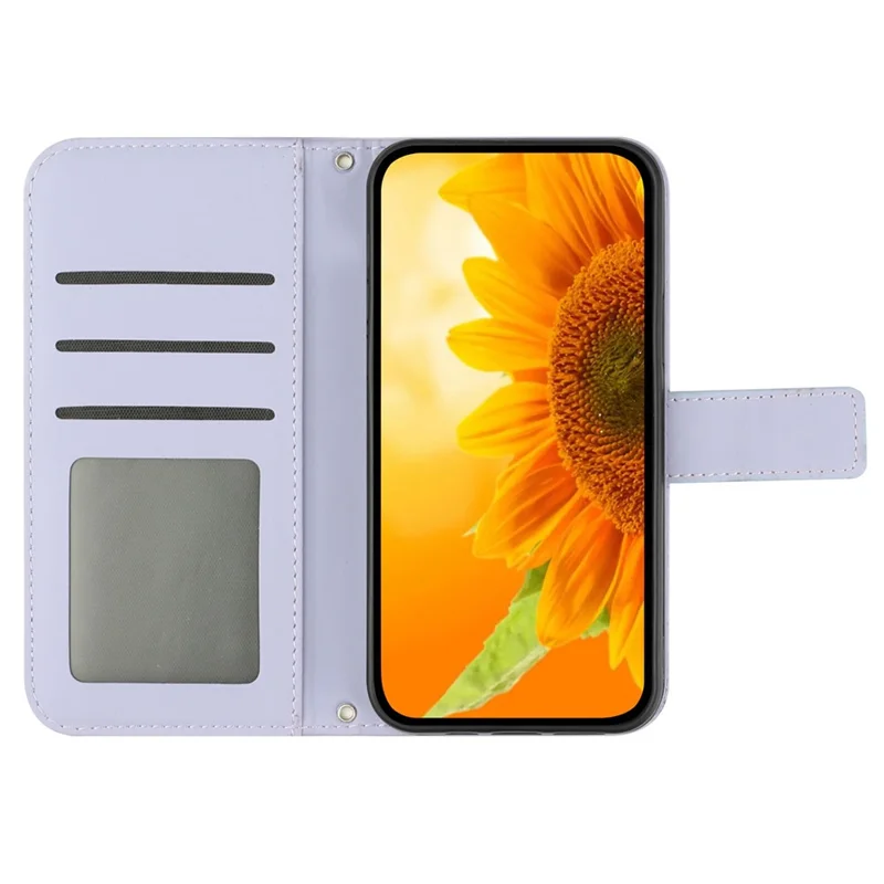 Funda de teléfono HT04 para iPhone 15 Pro, con patrón de girasol, funda de cartera de piel con correa para la mano - Púrpura claro
