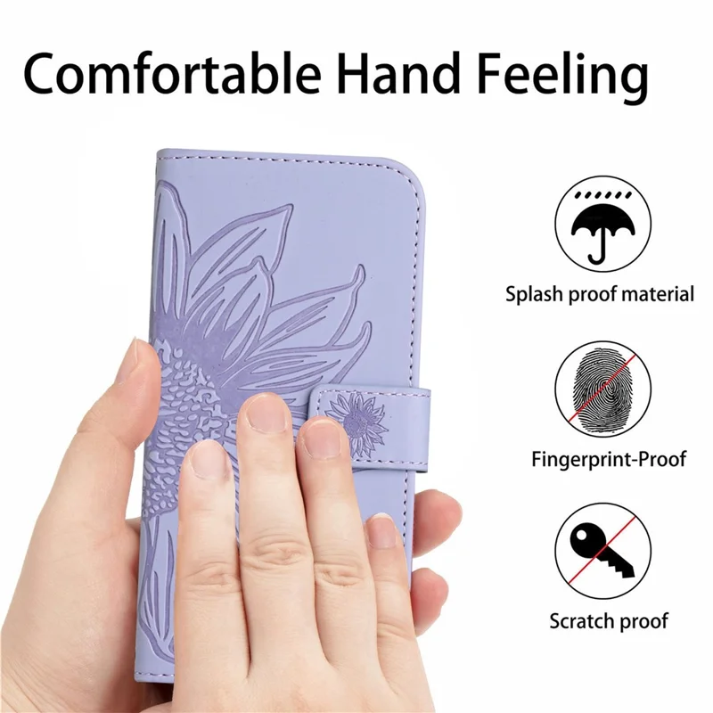 Funda de teléfono HT04 para iPhone 15 Pro, con patrón de girasol, funda de cartera de piel con correa para la mano - Púrpura claro