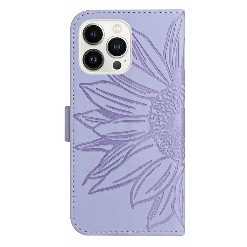Funda de teléfono HT04 para iPhone 15 Pro, con patrón de girasol, funda de cartera de piel con correa para la mano - Púrpura claro