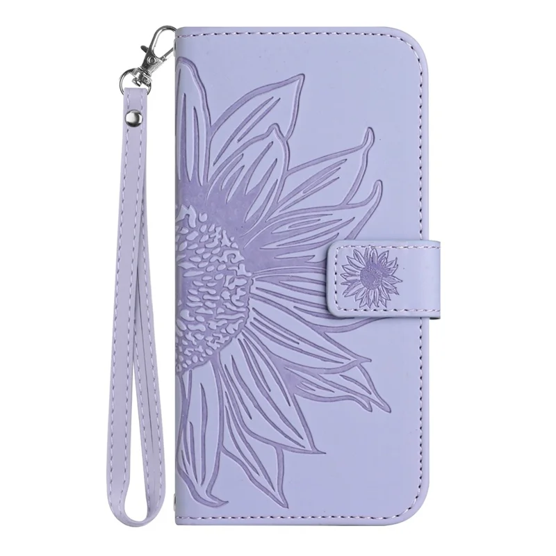 Funda de teléfono HT04 para iPhone 15 Pro, con patrón de girasol, funda de cartera de piel con correa para la mano - Púrpura claro