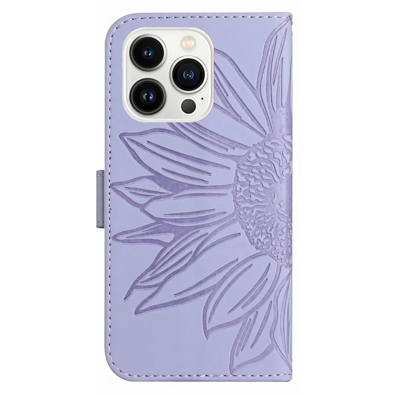 HT04 Stand Shell for iPhone 15 Pro Max Sunflower Imprint Phone Case Leather Wallet with Shoulder Strap - Light Purple