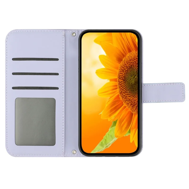 HT04 Stand Shell for iPhone 15 Pro Sunflower Imprint Leather Wallet Phone Case with Shoulder Strap - Light Purple