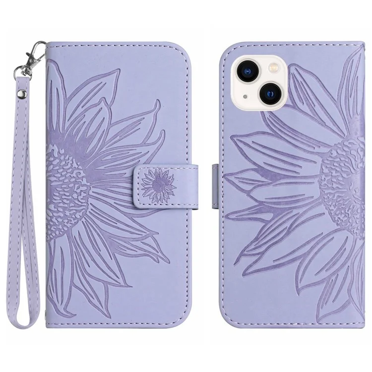 HT04 For iPhone 15 Skin-touch Phone Case Sunflower Pattern Stand Leather Wallet Cover with Hand Strap - Light Purple